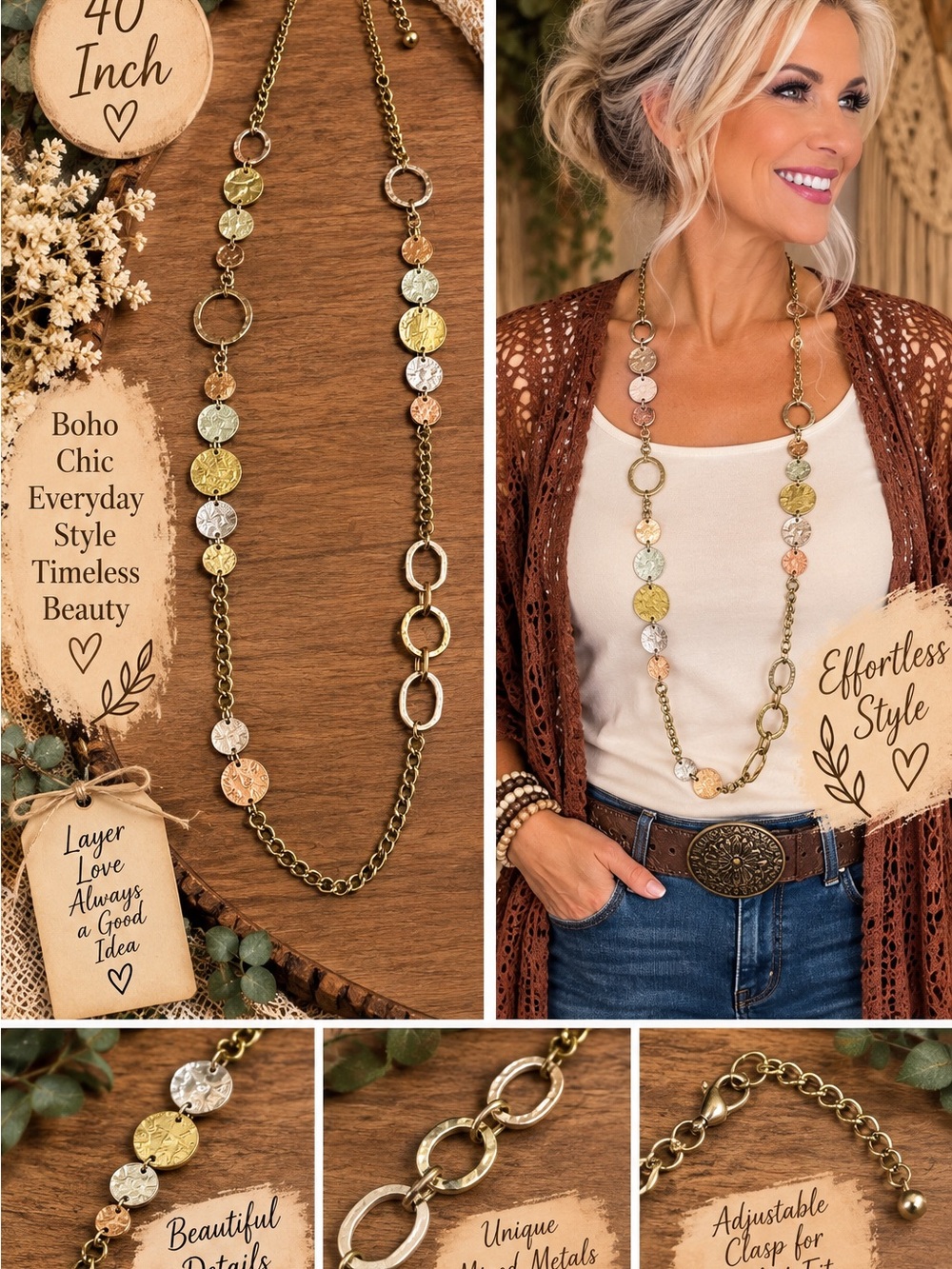 722 Tri-Tone Disc Station Long Necklace - Gold, Silver & Rose Gold